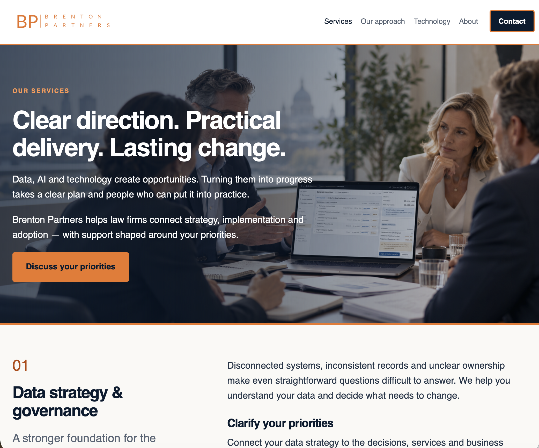 Brenton Partners website homepage showing the Services hero section